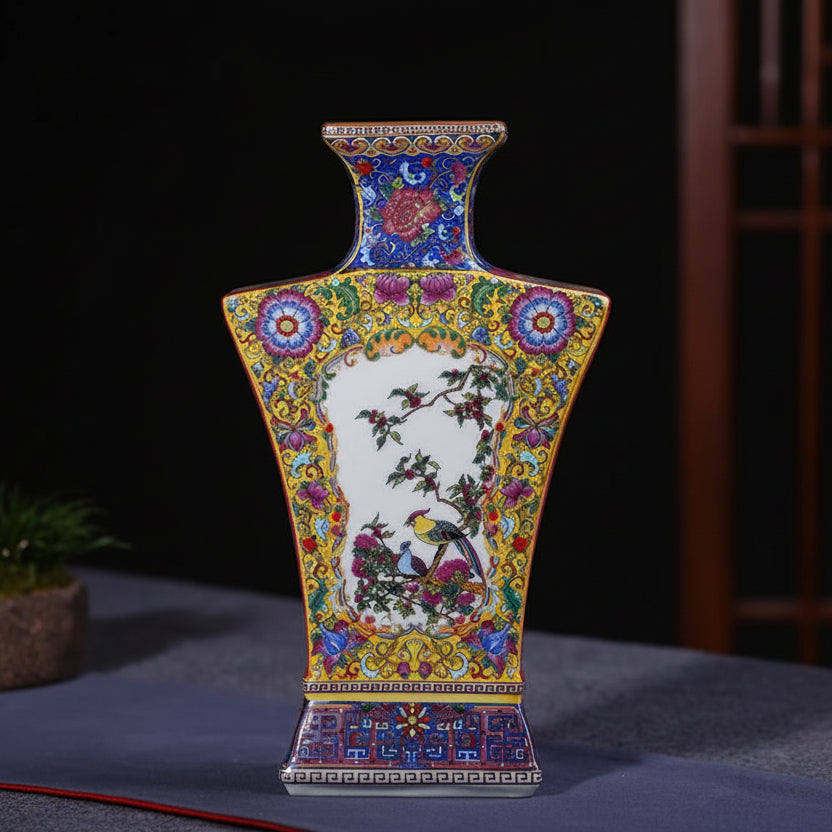 Decorative vase with floral and bird design on a dark background