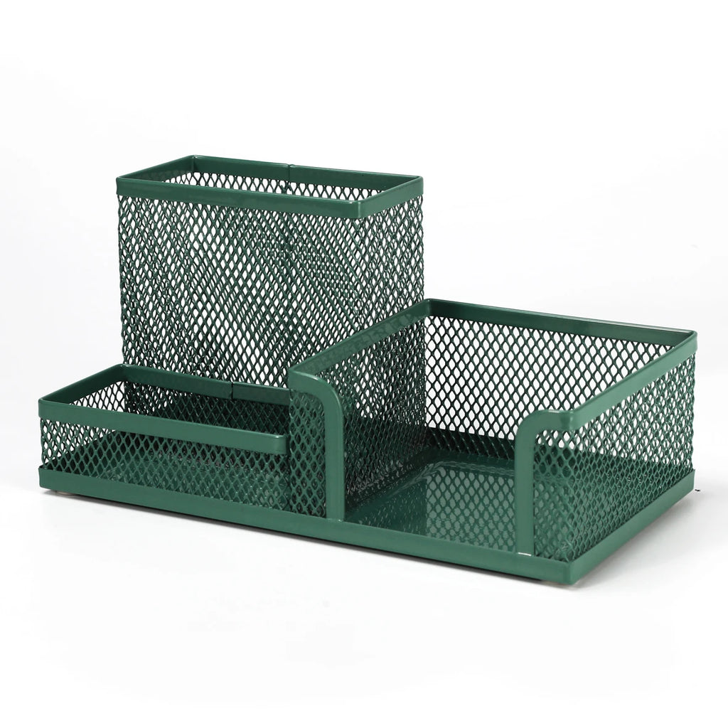 Set of green mesh desk organizers on a white background