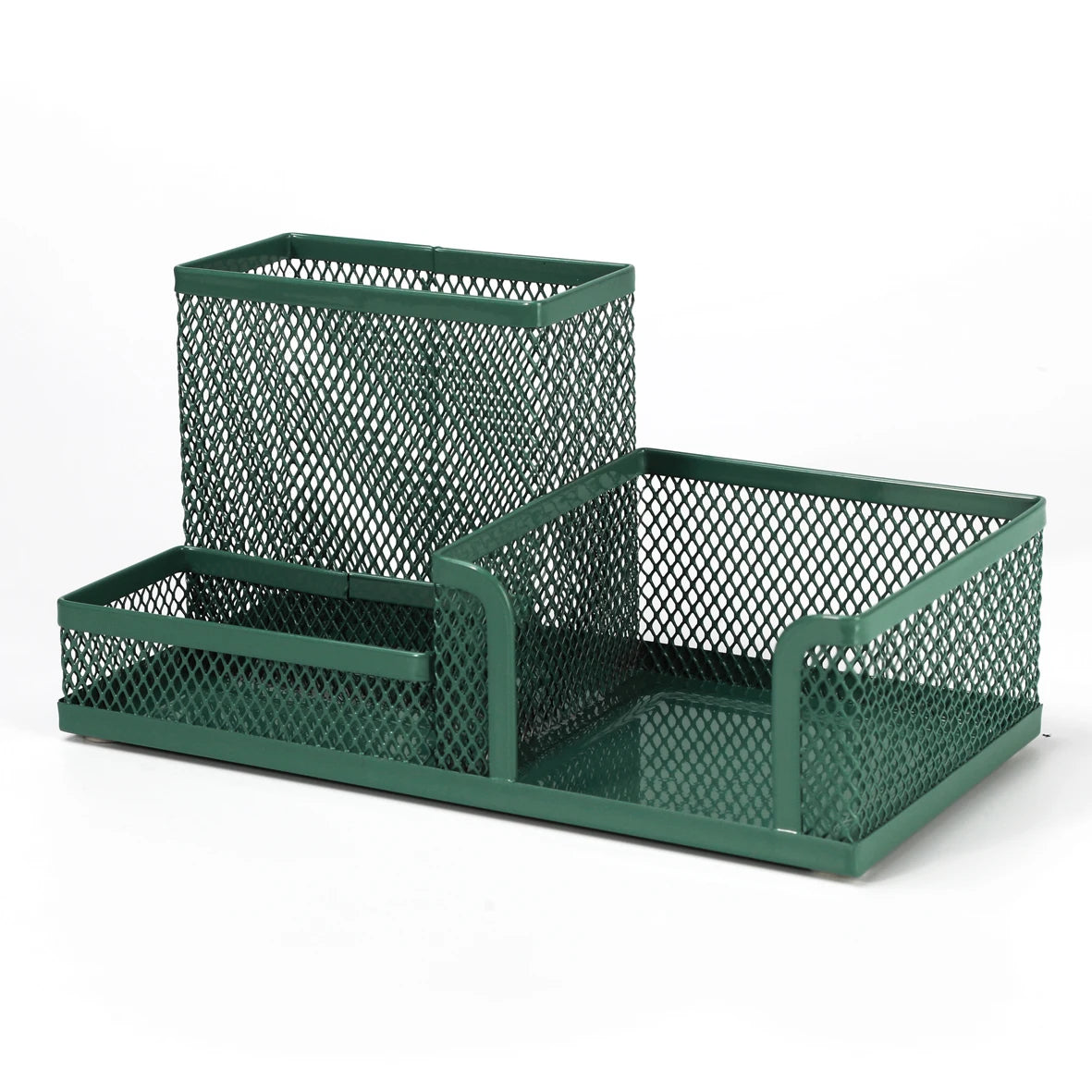 Set of green mesh desk organizers on a white background