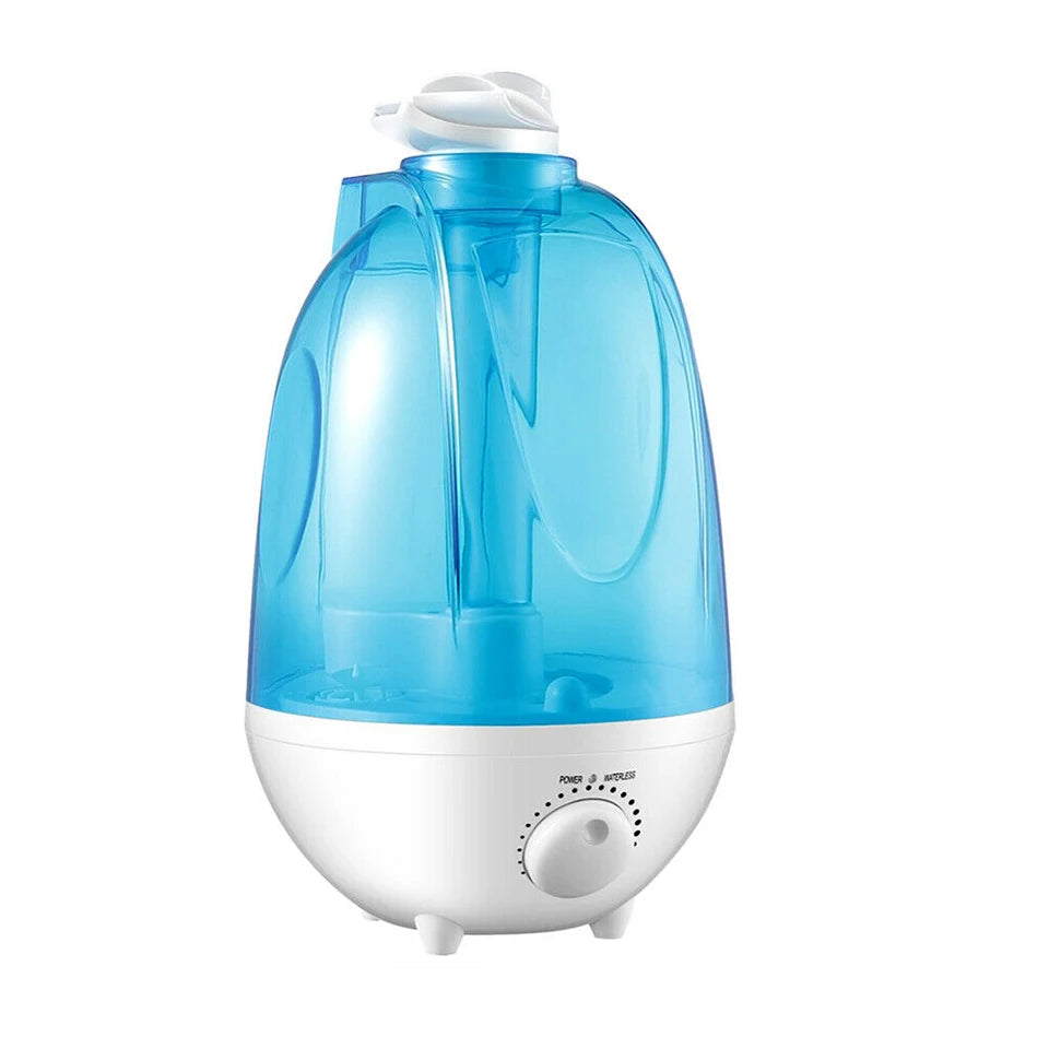 Blue and white humidifier with dimensions indicated on a white background
