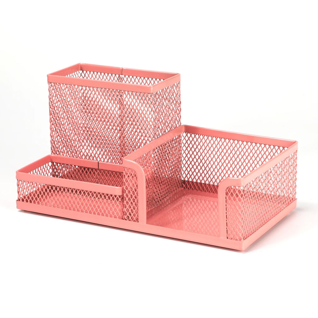 Pink mesh desk organizer with a pen holder and a larger tray on a white background