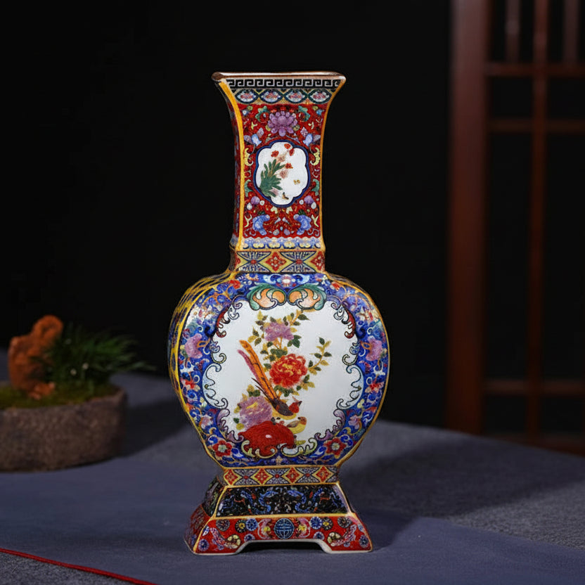 Colourful decorative vase with floral patterns on a dark background