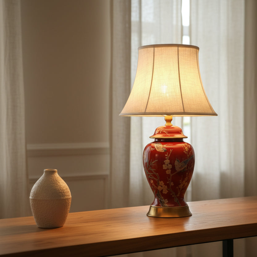 Decorative table lamp with floral design on a wooden surface, with a neutral background.