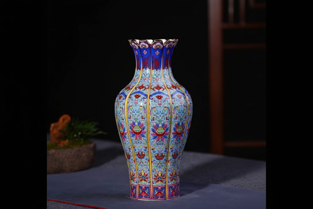 Decorative vase with intricate patterns on a dark background