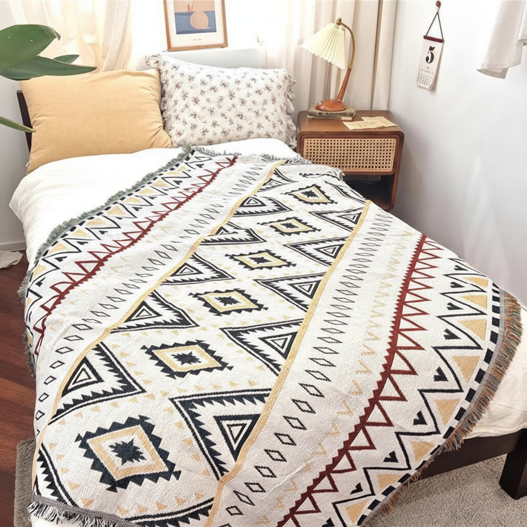 A geometric knitted blanket layered over white bedding in a cosy, sunlit bedroom.