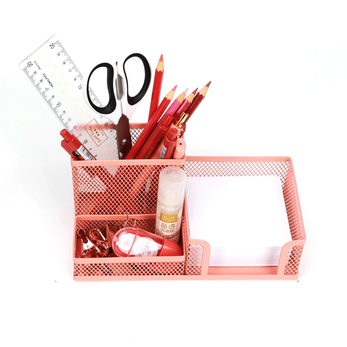 Pink mesh desk organizer with stationery items on a white background