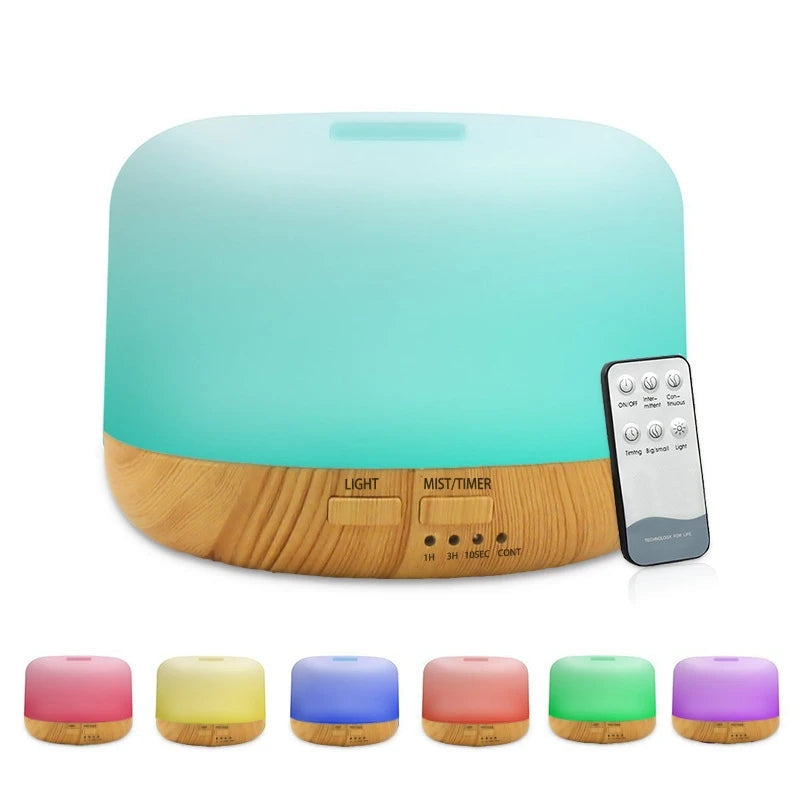 300ml ultrasonic diffuser with light wood grain base and glowing cyan LED light.