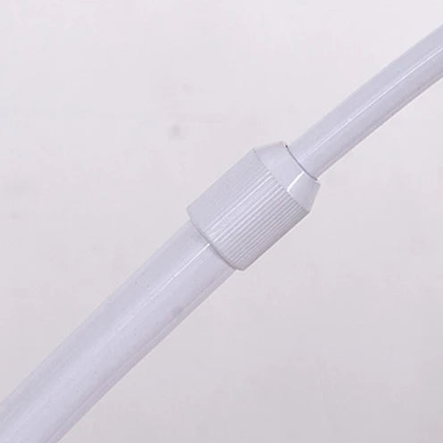 Close-up of the height-adjustable locking mechanism on the white metal pole.