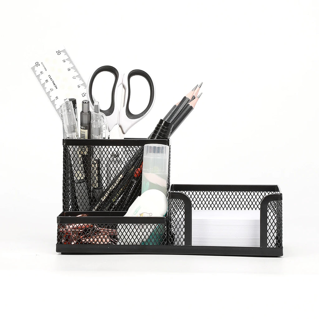 Black mesh desk organizer with stationery items on a white background
