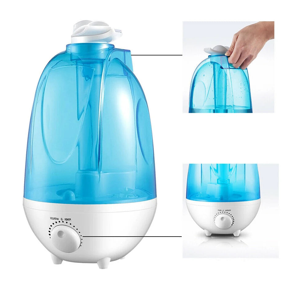 Blue and white humidifier with handle and adjustment knob highlighted