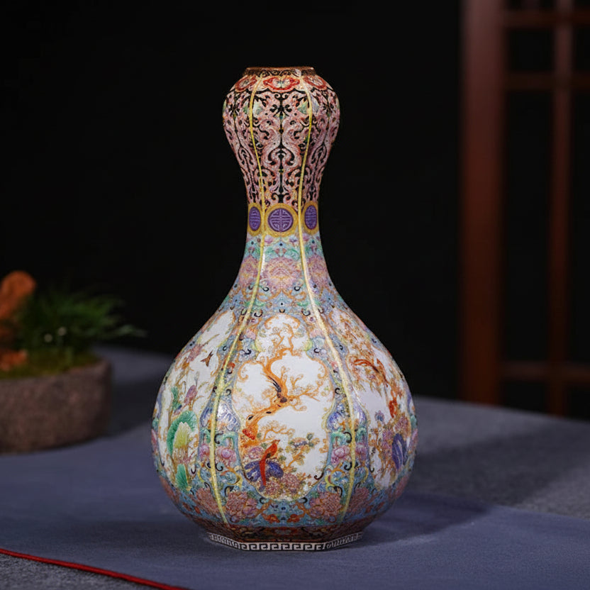 Decorative vase with intricate patterns on a dark background
