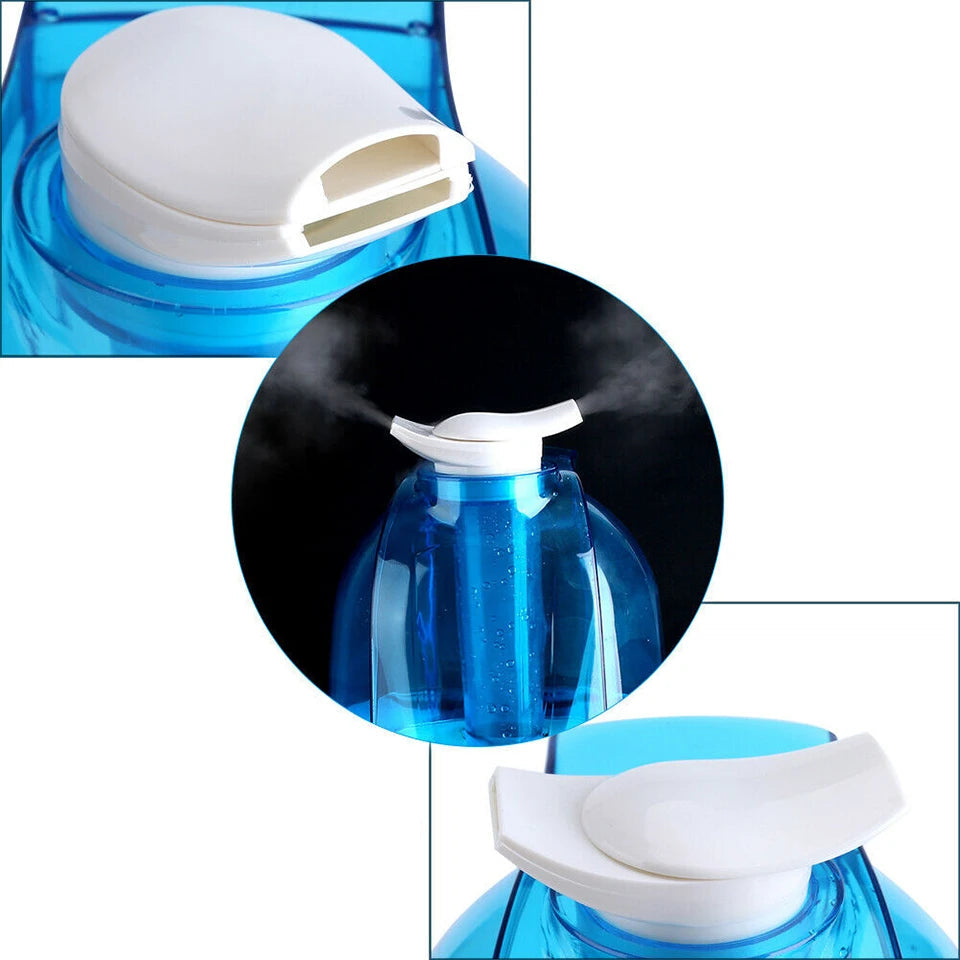 Blue and white spray bottle with double rotary mist outlets on a white background