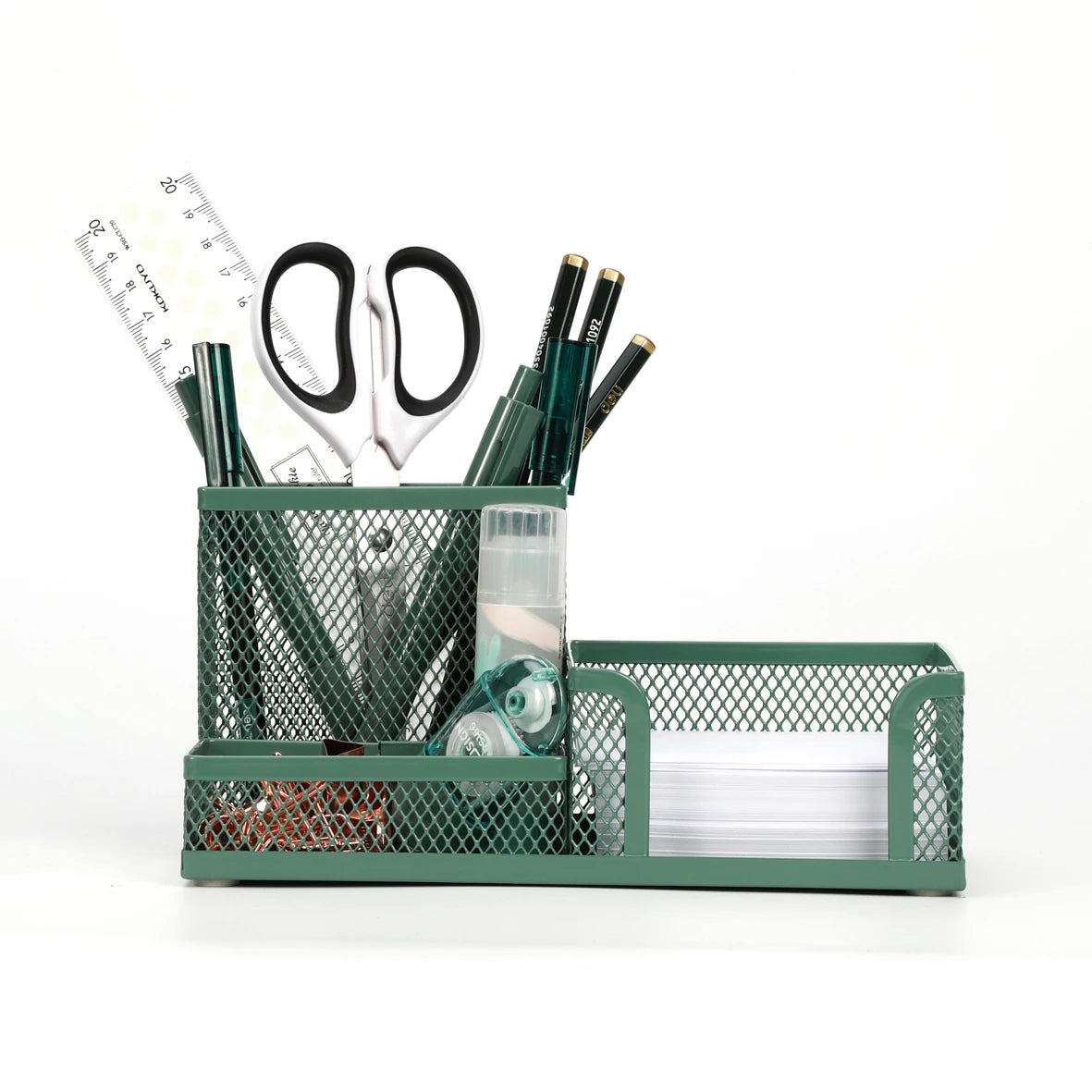 Green mesh desk organizer with stationery items on a white background