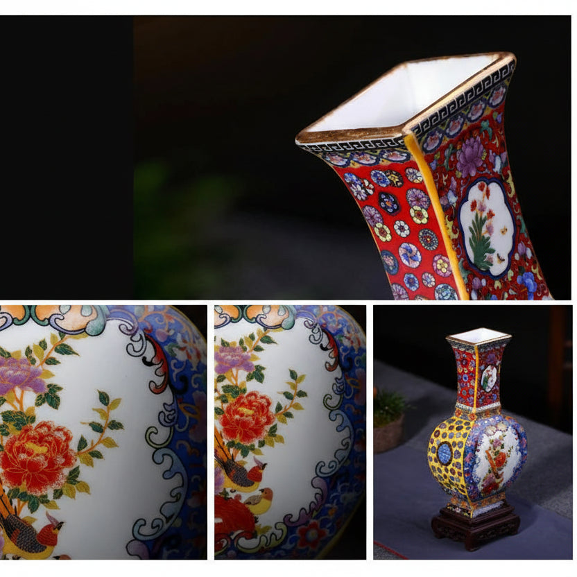 Colourful decorative vase with floral patterns on a dark background