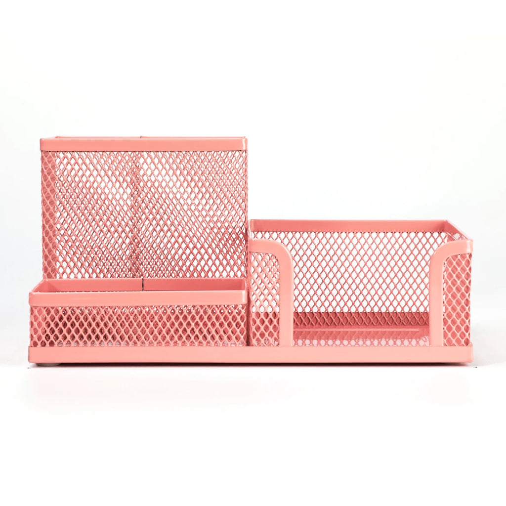 Pink mesh desk organizer set on a white background
