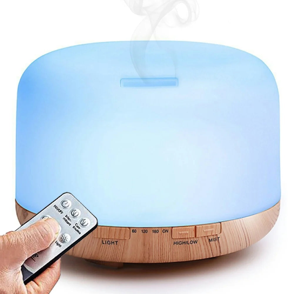 Blue and wooden diffuser with remote control on a white background