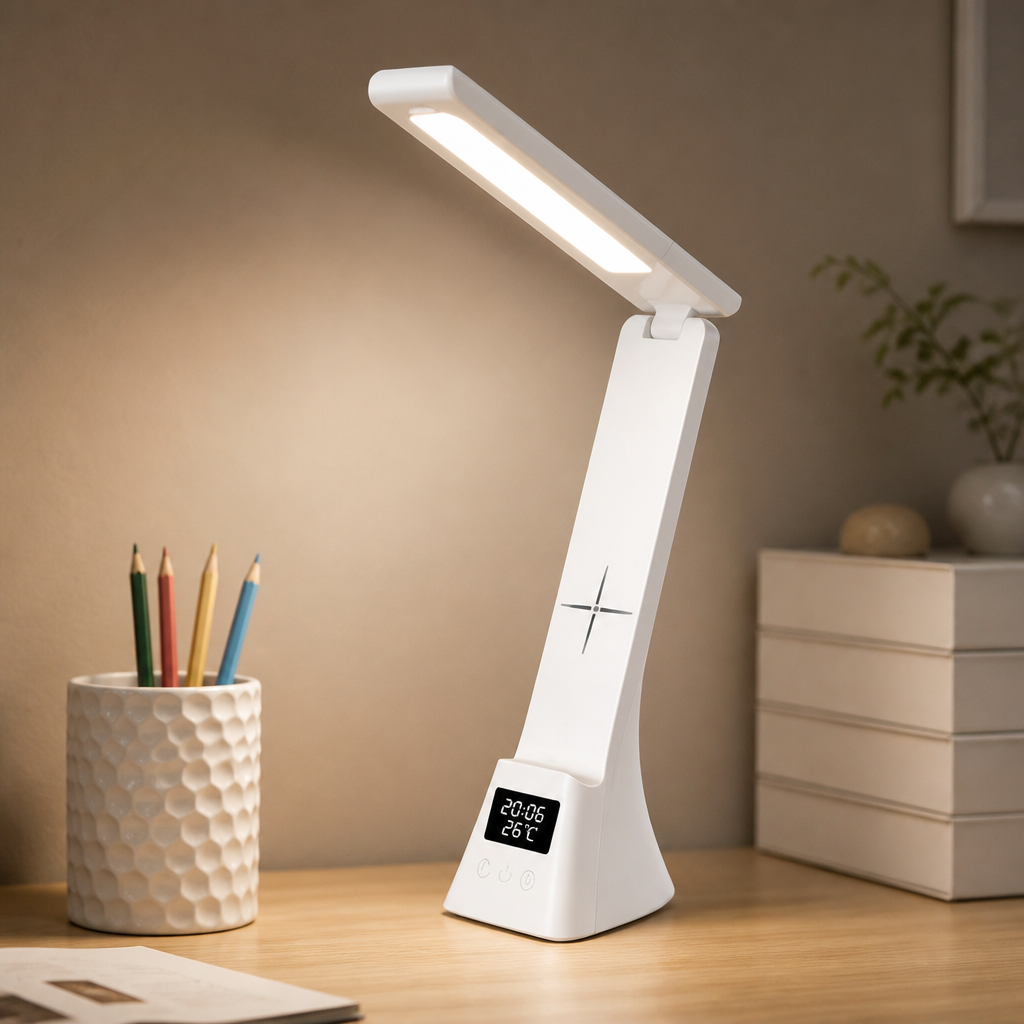 Multifunktionale Schreibtischlampe mit kabelloser Ladefunktion und Zeitanzeige
