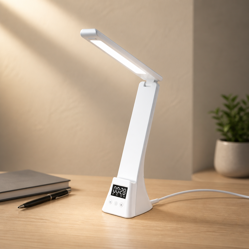 Multifunktionale Schreibtischlampe mit kabelloser Ladefunktion und Zeitanzeige