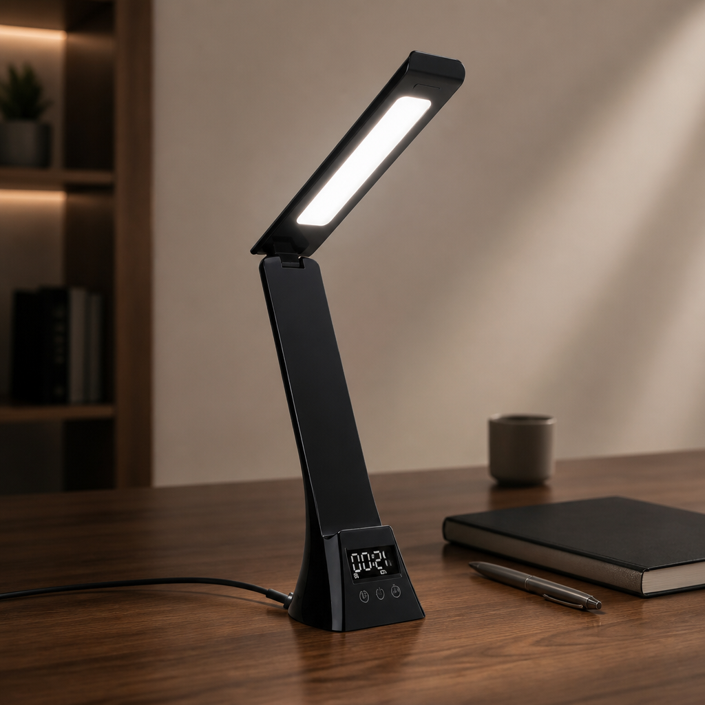 Multifunktionale Schreibtischlampe mit kabelloser Ladefunktion und Zeitanzeige