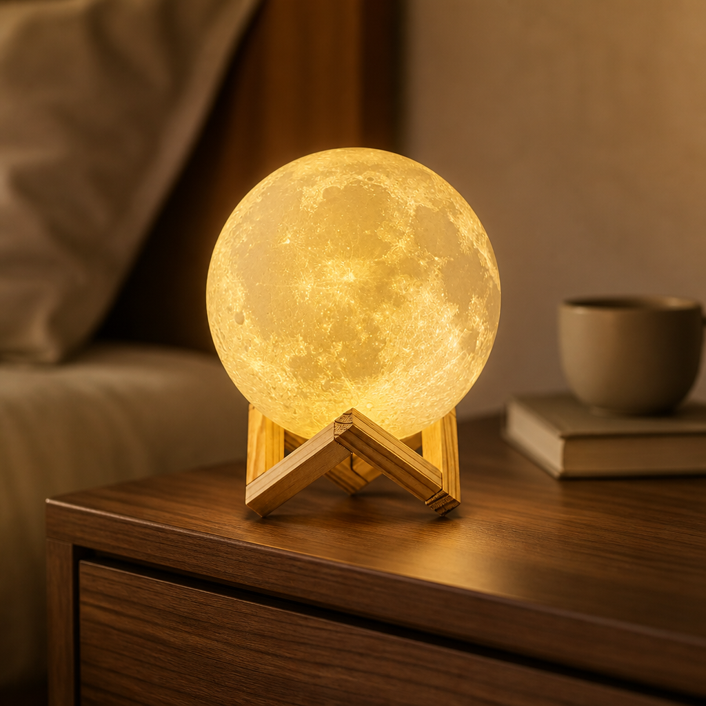 Rechargeable 3D printed moon lamp for bedroom décor