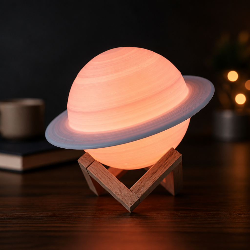 LED Saturn-style night light with coloured glow