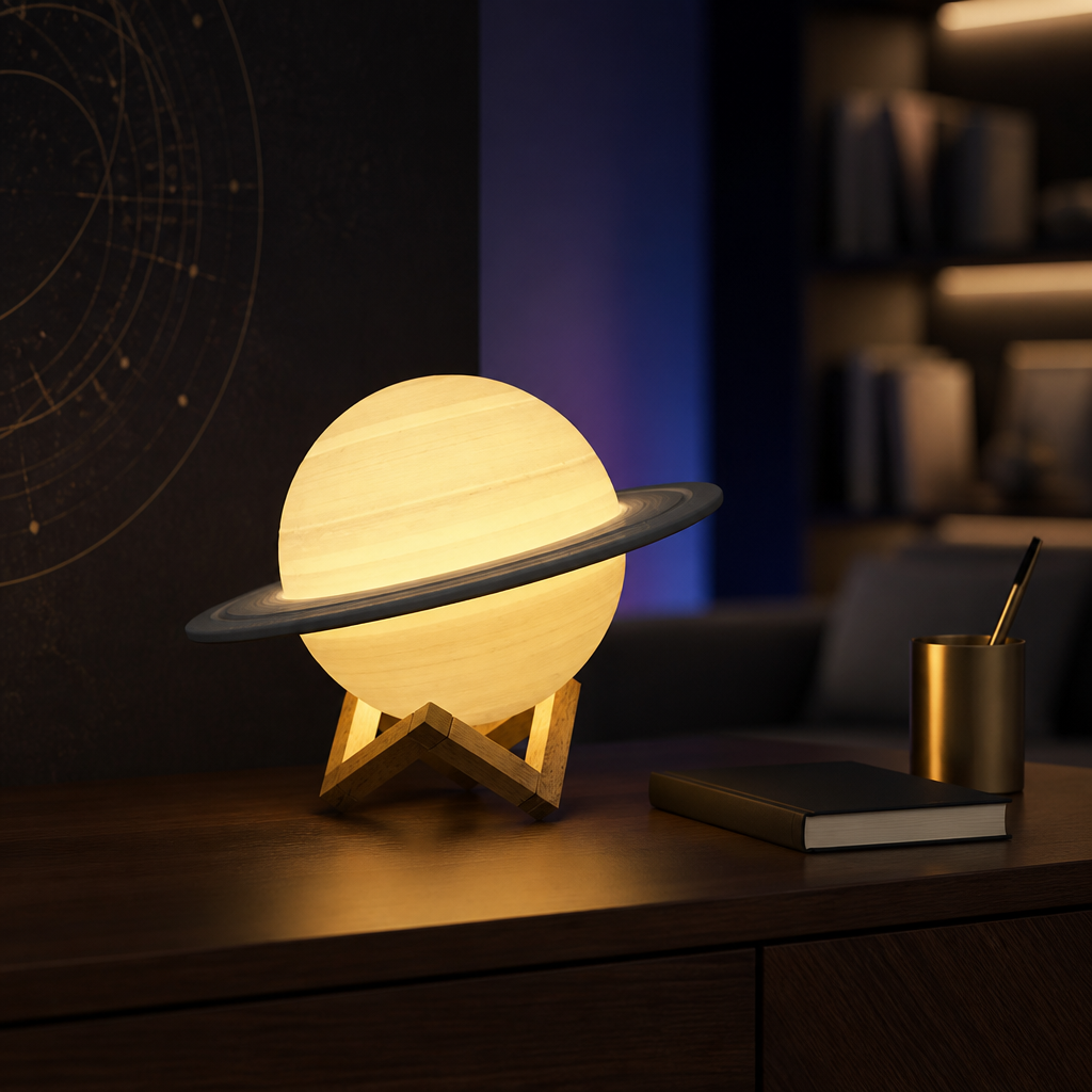 LED Saturn-style night light with coloured glow