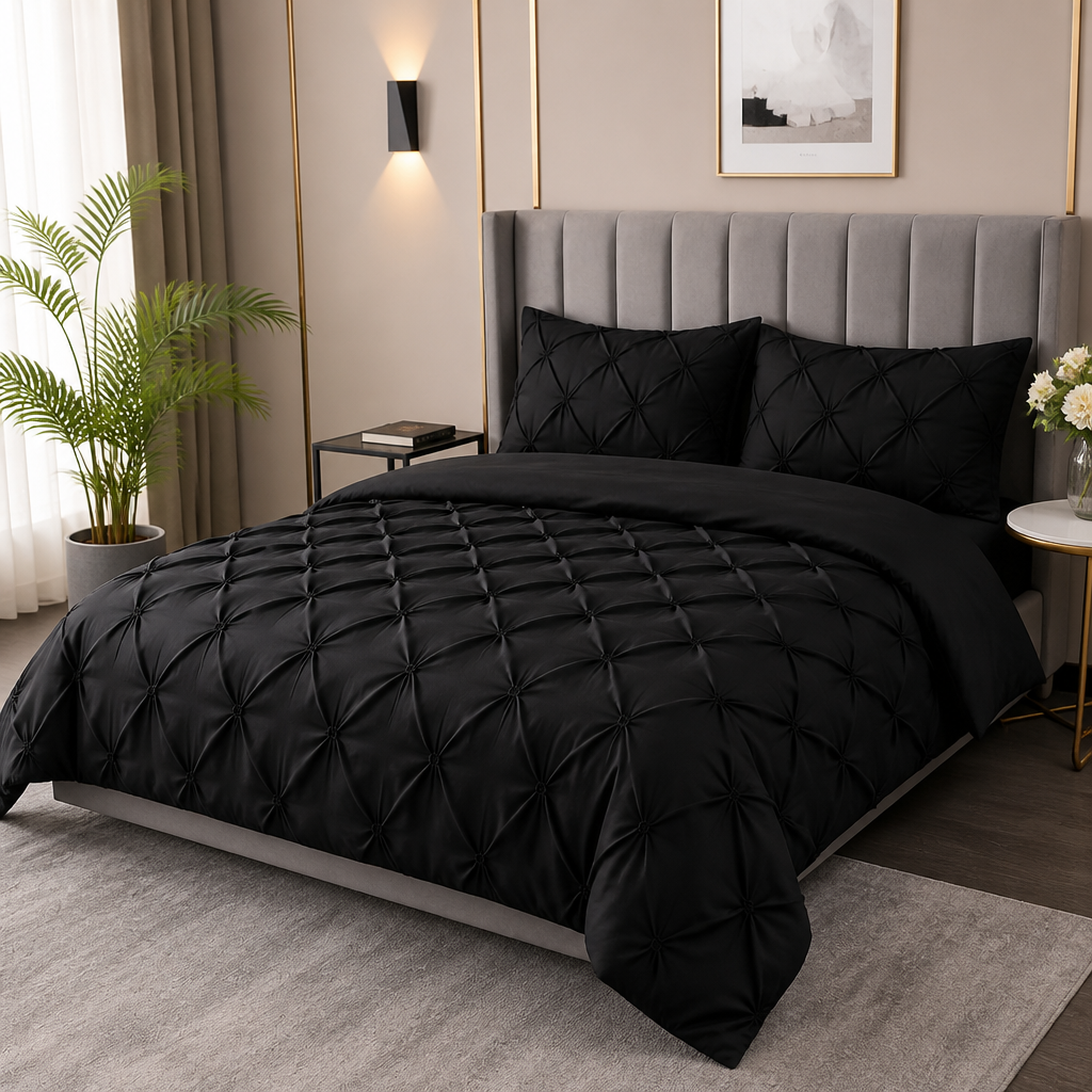 Black 3D pinch pleated duvet cover set styled on a modern bed with matching pillowcases.