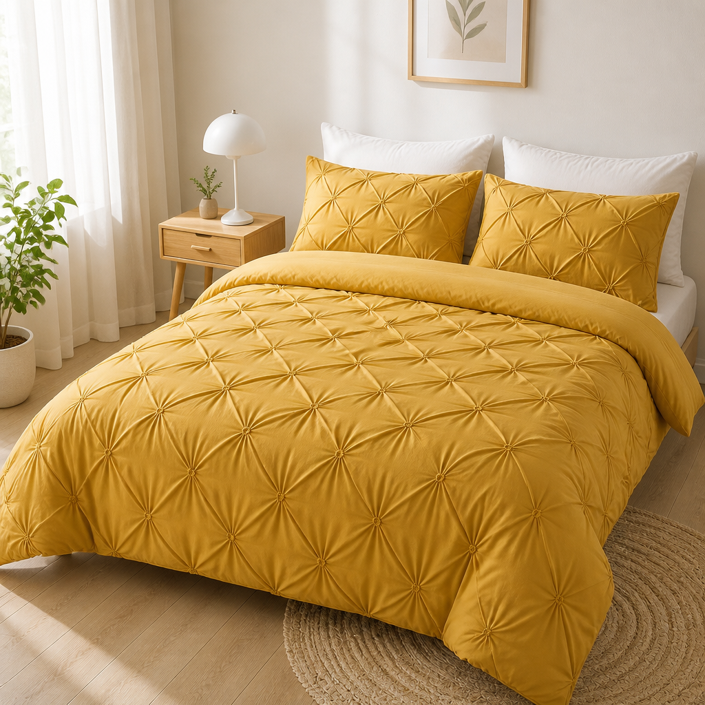 Yellow 3D pinch pleated duvet cover set styled in a light bedroom with white pillows.
