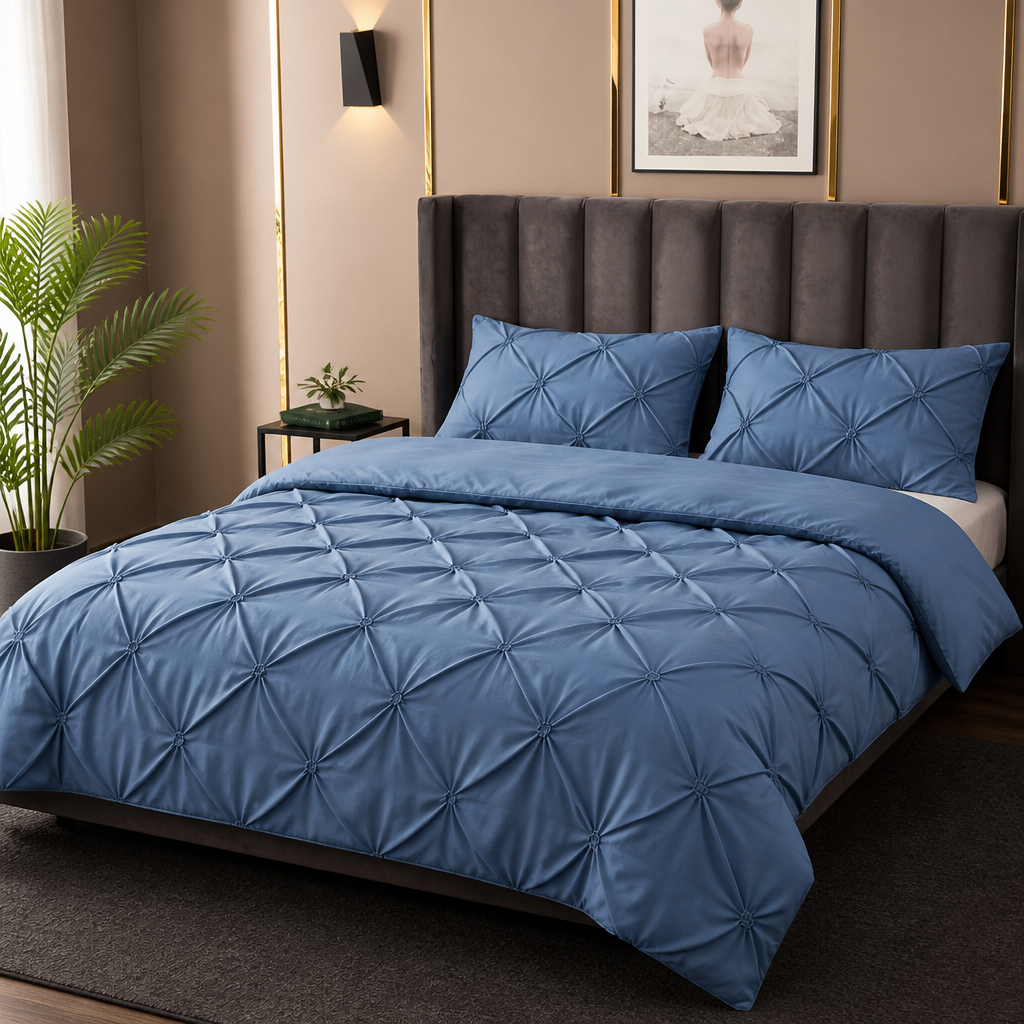 Blue 3D pinch pleated duvet cover set on a modern bed with matching pillowcases.