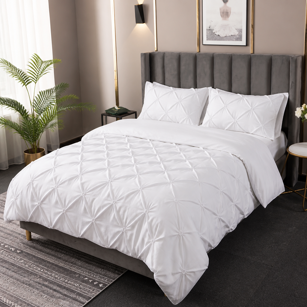 White 3D pinch pleated duvet cover set styled with a grey upholstered headboard.