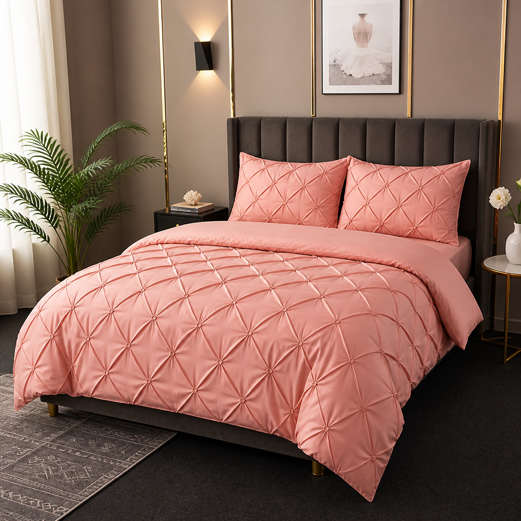 Coral pink 3D pinch pleated duvet cover set styled on a bed with matching pillowcases.