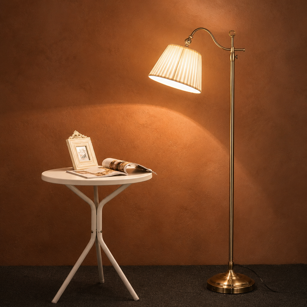 European-style standing floor lamp with a warm fabric shade beside a small white table.