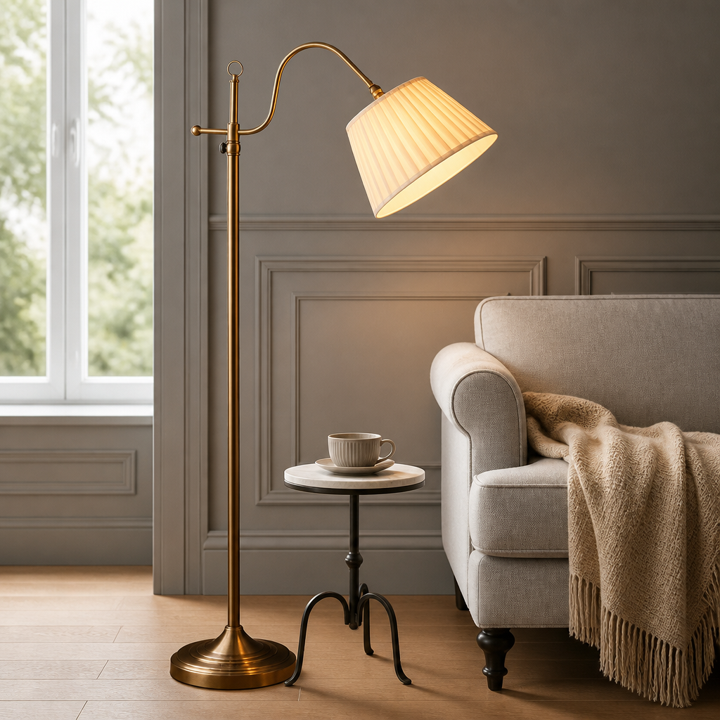 Brass floor lamp in a living room with a beige armchair and small table.