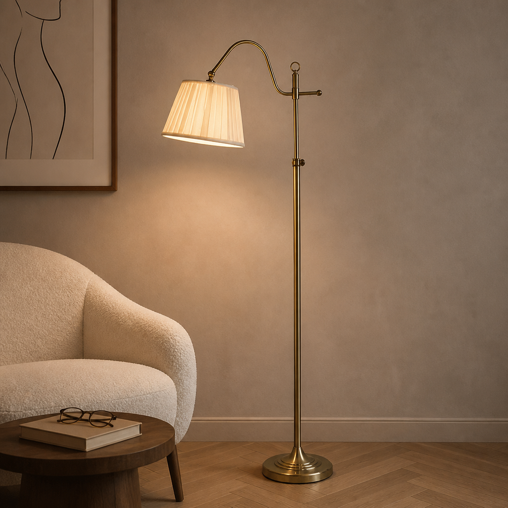 Adjustable standing floor lamp with warm shade beside a sofa and a side table.