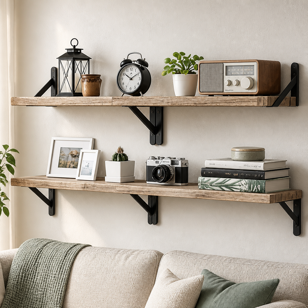 Light wooden shelves with decorative items on a wall above a sofa.