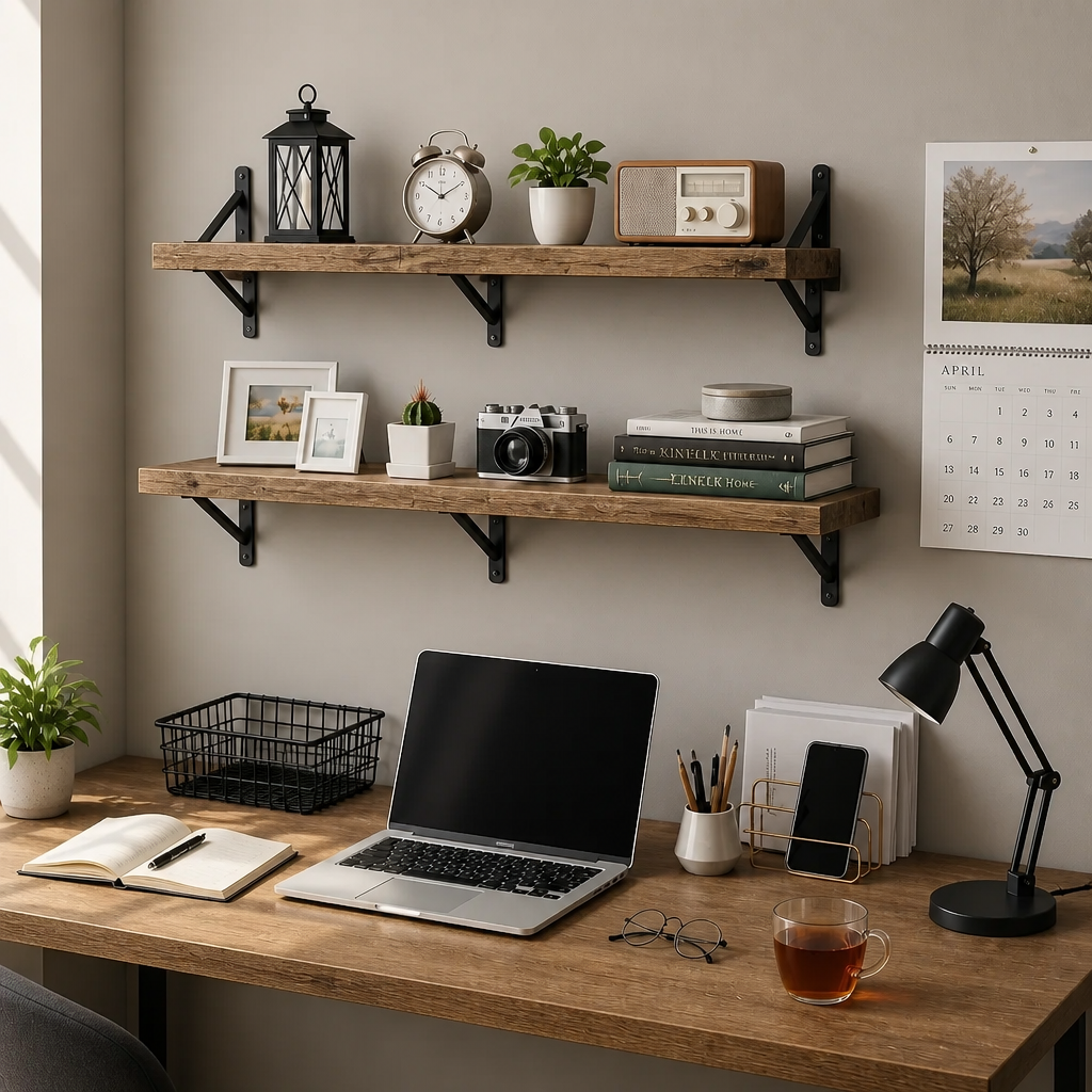 Home office desk with laptop, books, and decor items on a dark wooden shelfs.