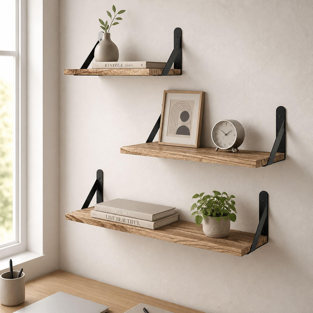 Three wooden wall shelves with decorative items against a light wall.