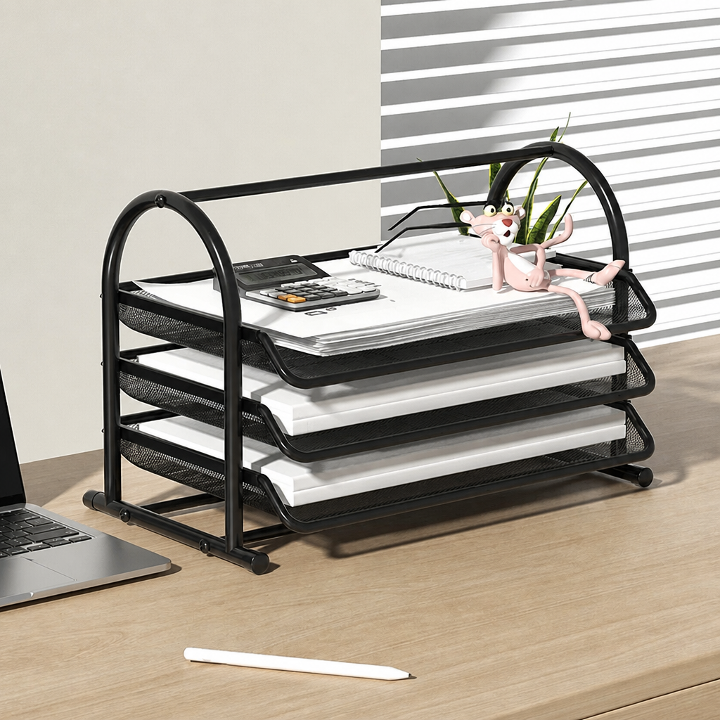 Black wide 3-tier metal desktop document tray with papers and size measurements.