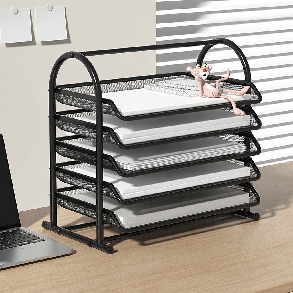 Black 5-tier metal desktop document tray with papers and books on a desk.