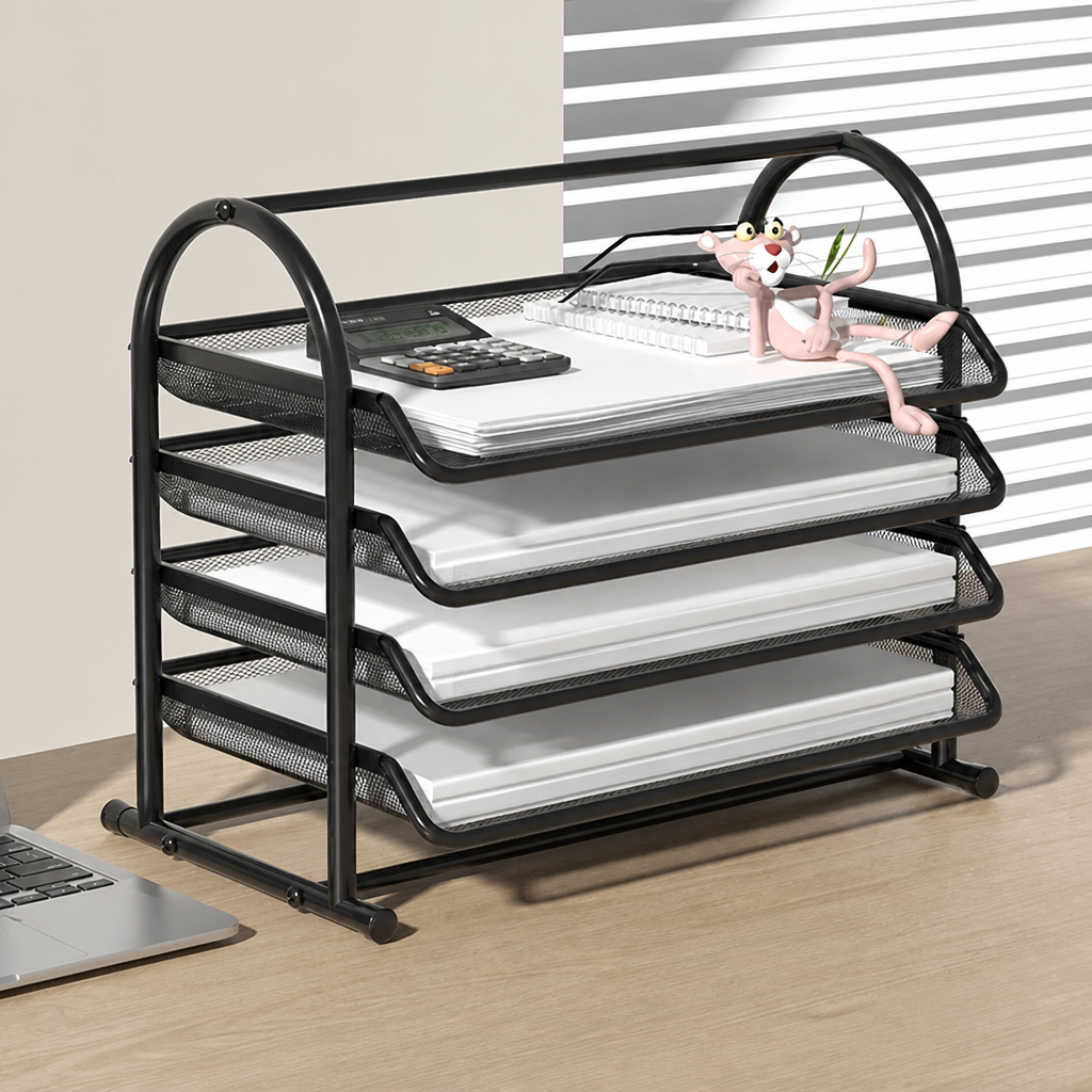 Black wide 4-tier desktop document tray with stacked books and size measurements.