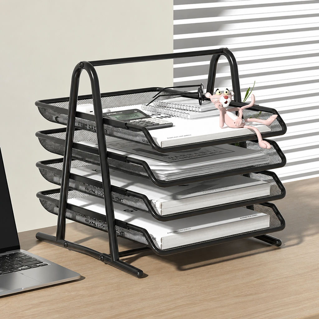 Black 4-tier metal document tray with open mesh shelves and size measurements.