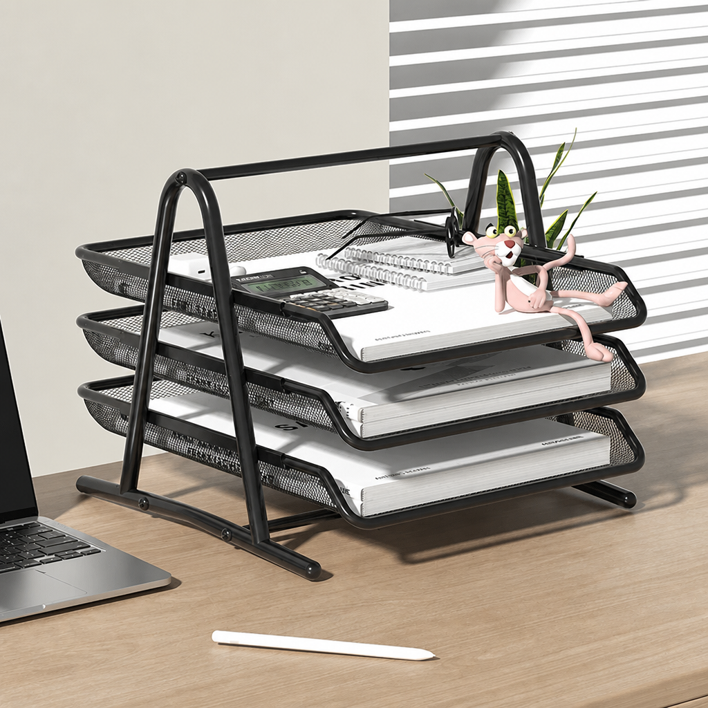 Black 3-tier metal desktop document tray with papers and size measurements.