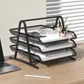 Black 3-tier metal desktop document tray with papers and size measurements.