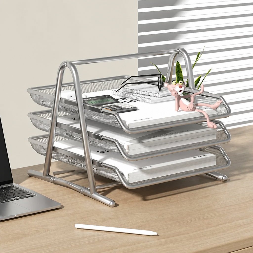 Silver 3-tier metal desktop document tray with papers and size measurements.
