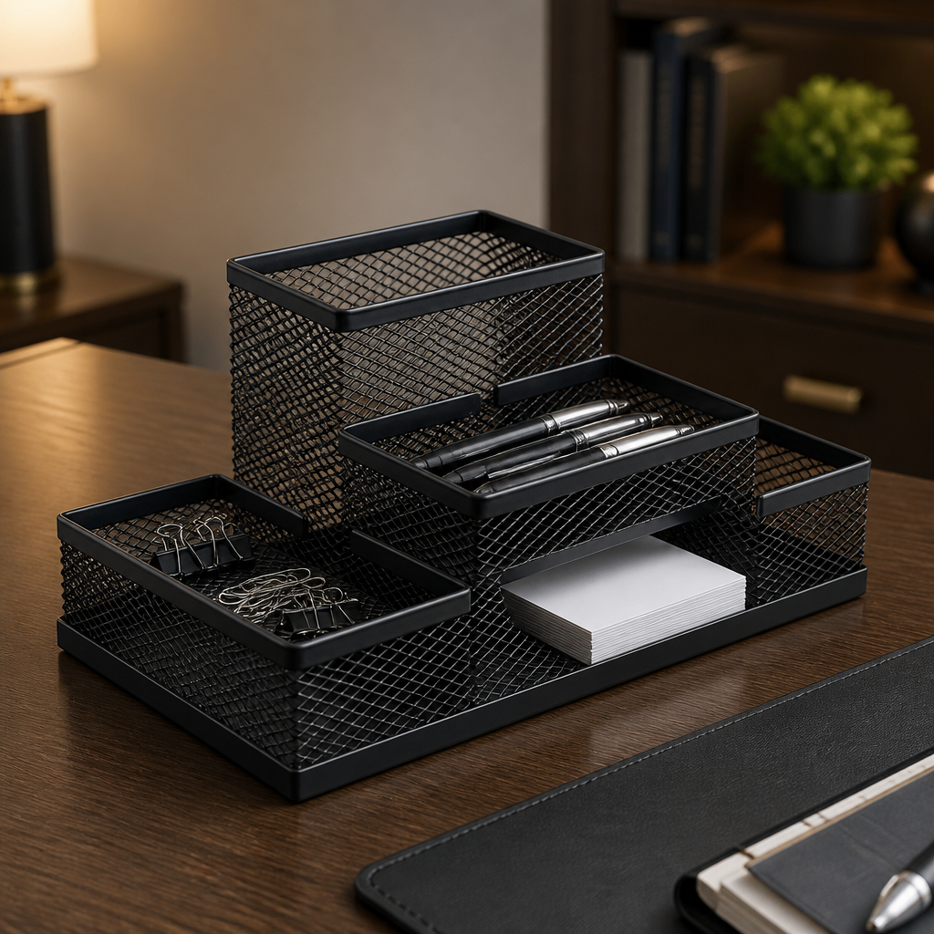 Black mesh desk organizer on a wooden surface with office supplies.