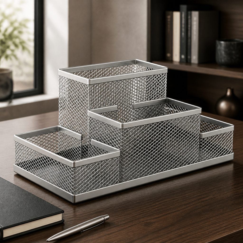 Silver metal mesh desktop organiser with multiple compartments.