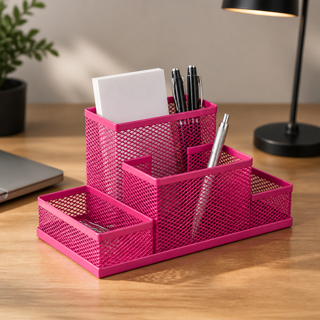Pink metal mesh desktop organiser with multiple compartments.
