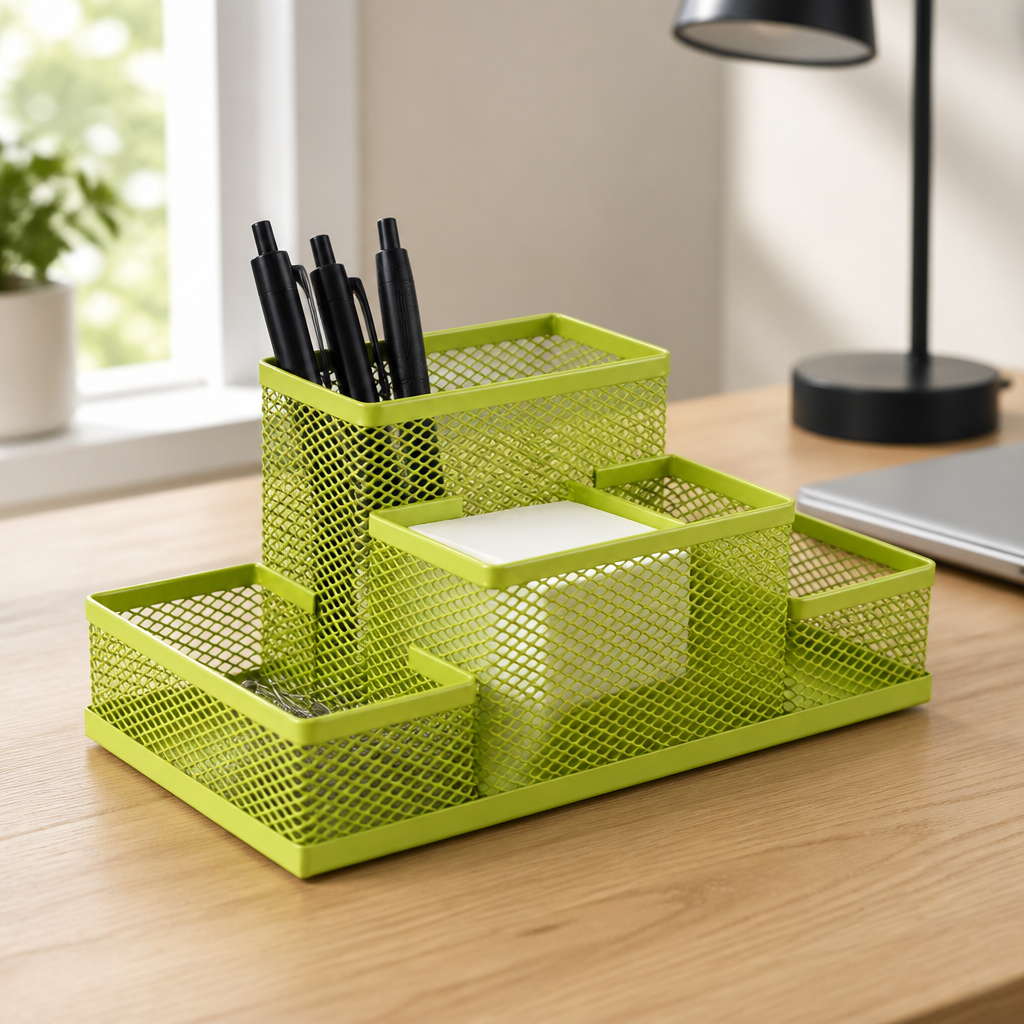 Lime green metal mesh desktop organiser with divided compartments.