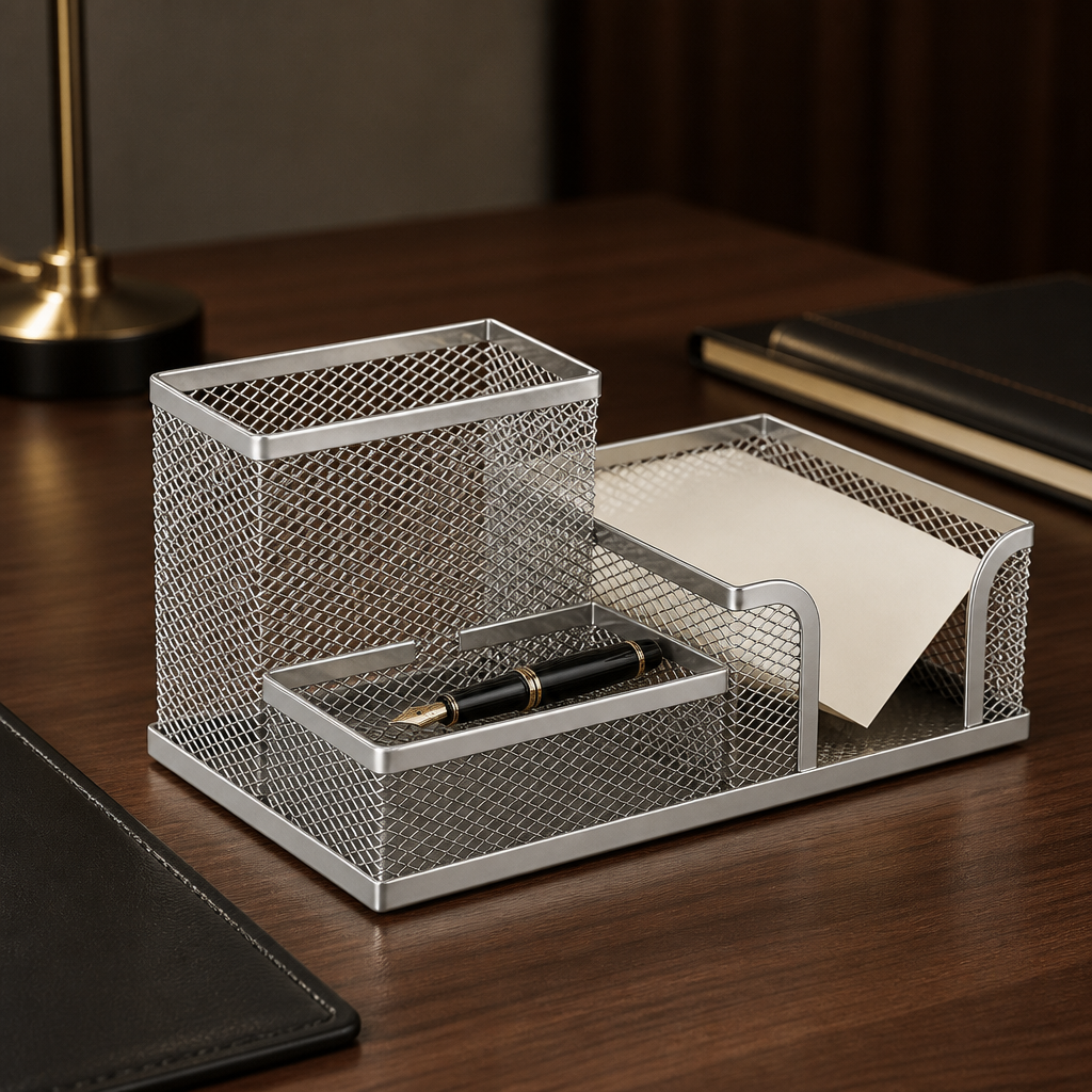 Silver metal mesh desk organiser with side tray layout.