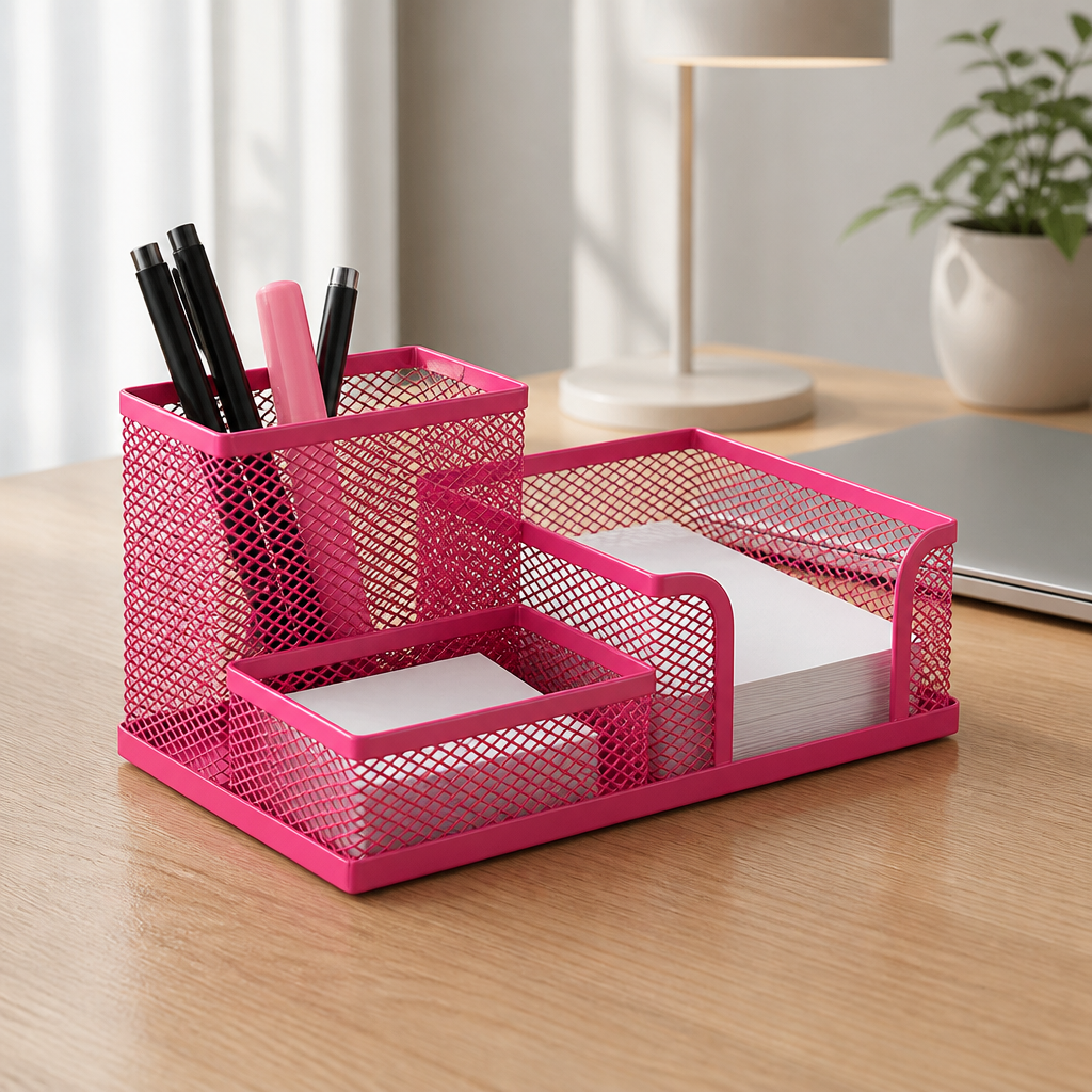 Pink metal mesh desk organiser with side tray layout.